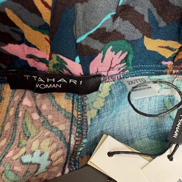 TAHARI Wide Leg Pants Plus Size 2X Green Floral Pullon Elastic Waist Cargo Rayon - Picture 10 of 11